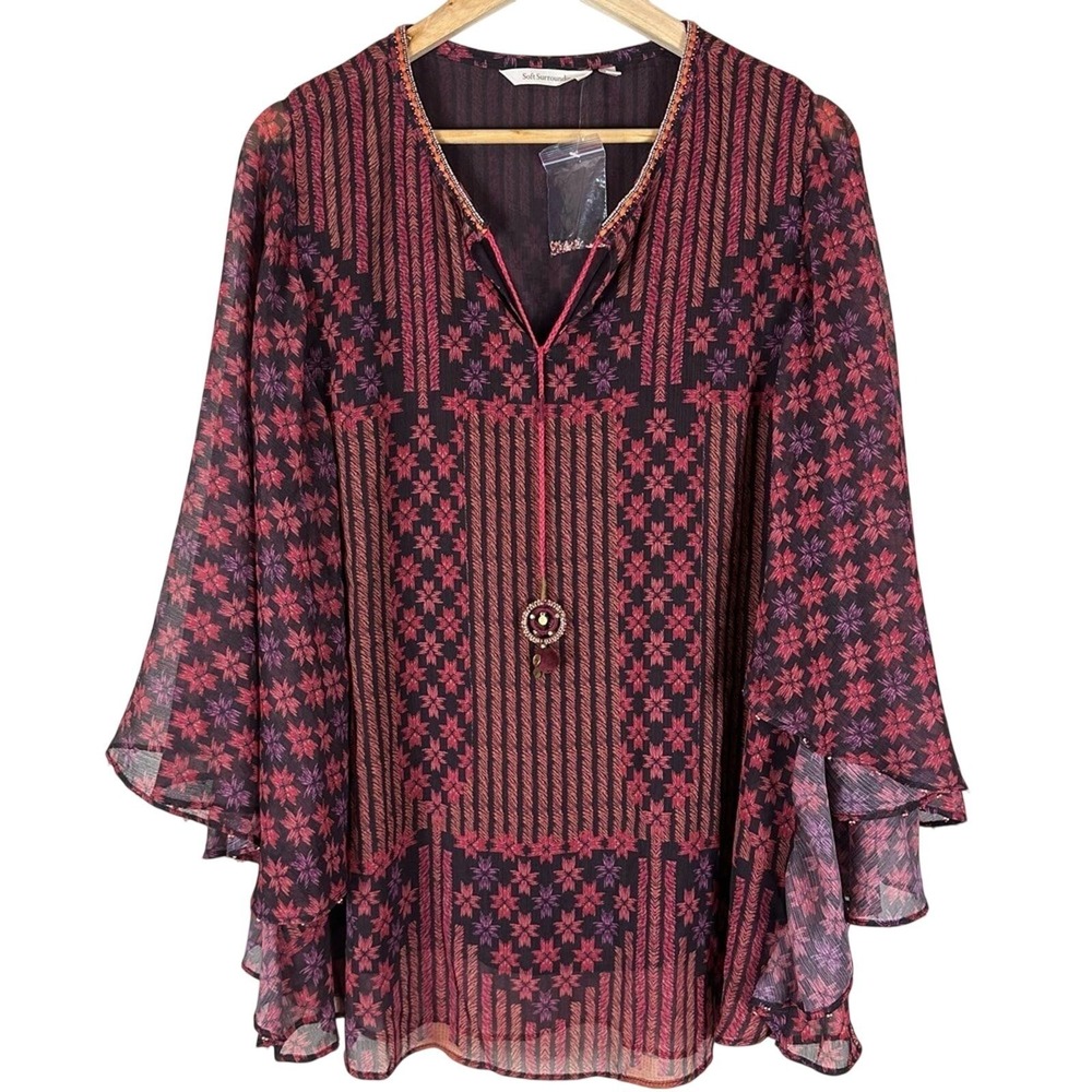 Soft Surroundings Boho Gypsy Kimono Sleeve Top Red Purple Beaded Ethereal Size S